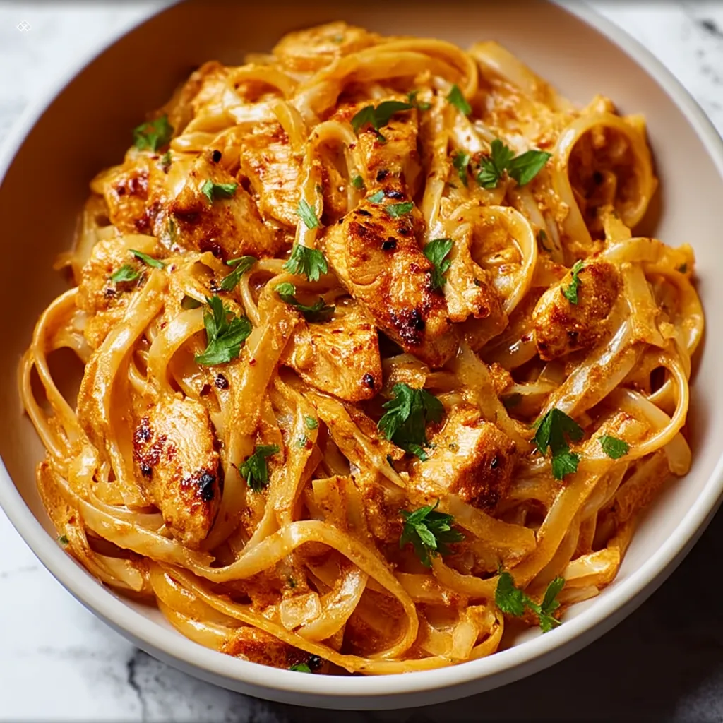 A bowl of pasta with chicken and herbs.