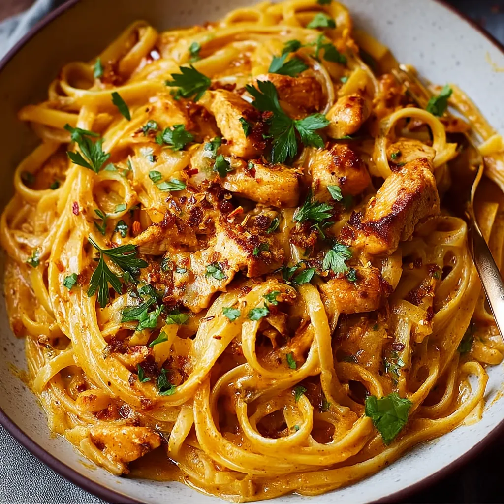 A bowl of pasta with chicken and herbs.