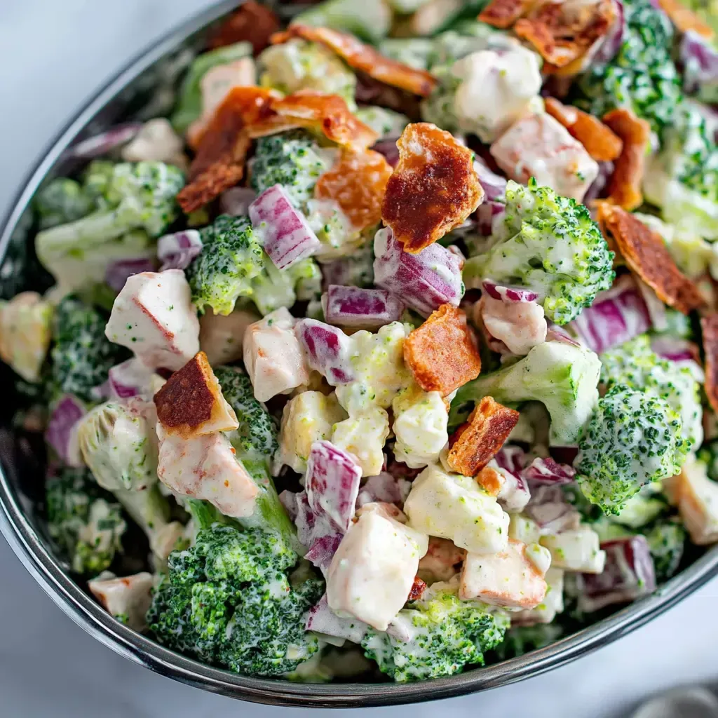 A bowl of salad with broccoli and bacon.