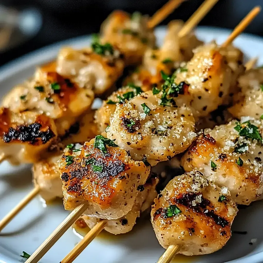 Air-fried chicken skewers on a plate.
